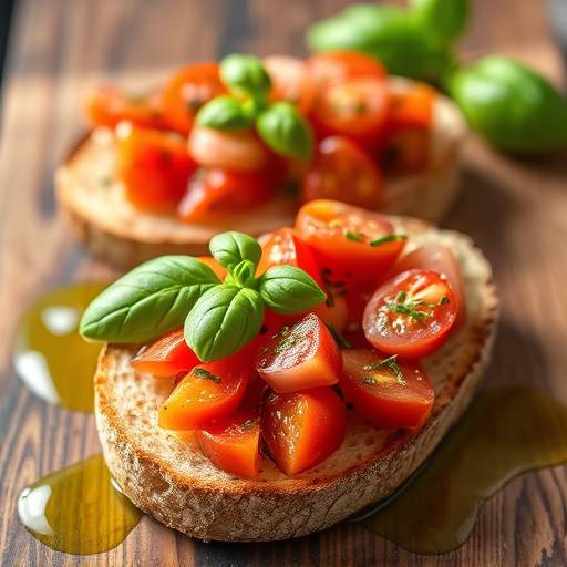 Bruschette al pomodoro con pane casereccio tostato, pomodori freschi, basilico e olio extravergine d'oliva