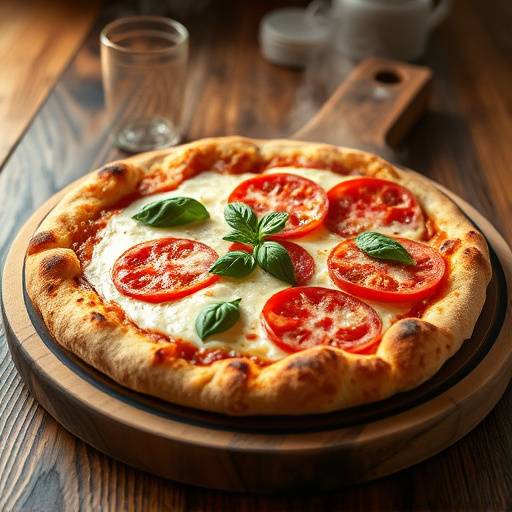 Deliziosa pizza margherita fumante, appena sfornata, su un tagliere di legno rustico.
