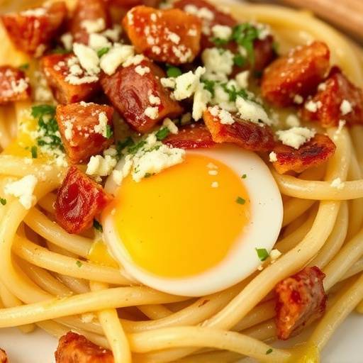 Pasta alla carbonara con guanciale croccante, uova fresche e pecorino romano