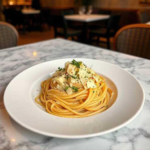 Piatto di spaghetti alla carbonara, guarnito con pecorino romano e pepe nero, su un tavolo in marmo.