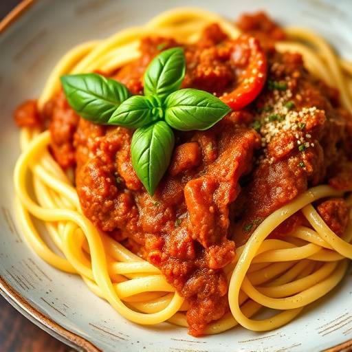Un piatto di fettuccine fresche condite con un ricco rag&radic;&pi; alla bolognese, guarnito con una foglia di basilico.