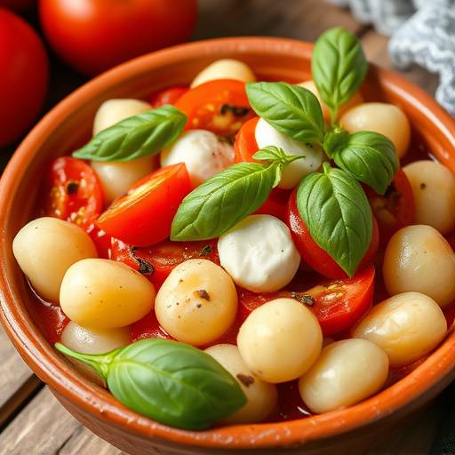 Un piatto di gnocchi di patate conditi con pomodoro, mozzarella e basilico, cotti al forno in una cocotte di terracotta.
