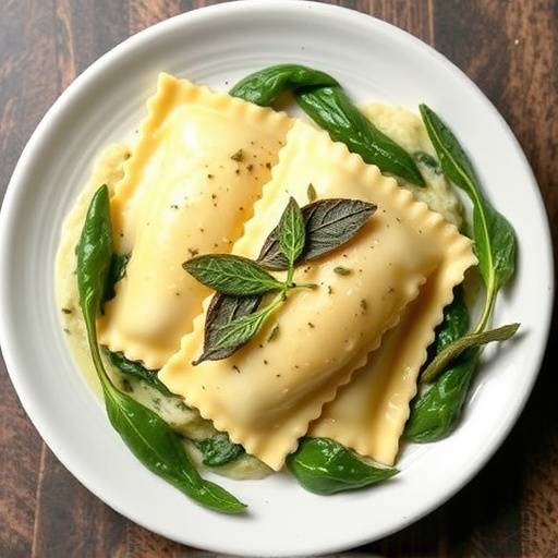 Un piatto di ravioli ripieni di ricotta e spinaci, conditi con burro fuso e foglie di salvia fresca.
