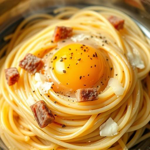 Un piatto fumante di spaghetti alla carbonara, conditi con uovo, guanciale, pecorino romano e pepe nero.