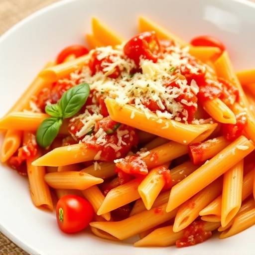 Un primo piatto di penne all'arrabbiata, con pomodoro, aglio, peperoncino, prezzemolo, basilico e parmigiano reggiano grattugiato.