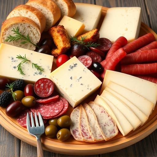 Un tagliere con formaggi italiani misti, salumi, olive e pane