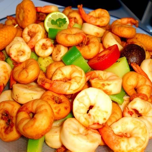 Un vassoio di frittura mista di pesce con calamari, gamberi e verdure