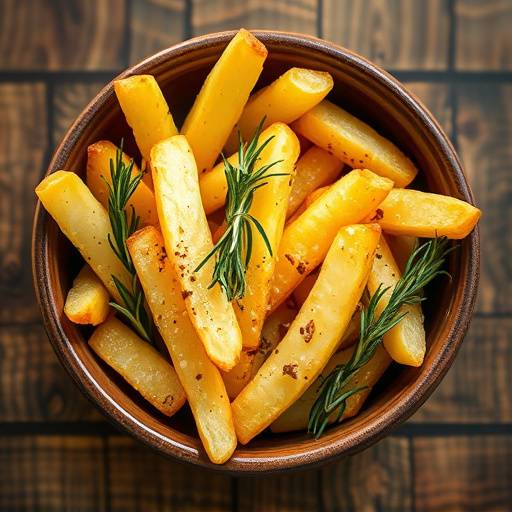 Una ciotola di patatine fritte tagliate a mano, condite con sale e rosmarino fresco