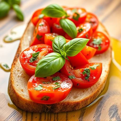 Una fetta di bruschetta classica con pomodoro fresco, basilico e un filo d'olio d'oliva