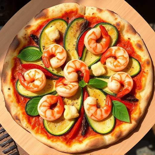 Una pizza estiva con gamberi freschi, zucchine a rondelle e fiori di zucca