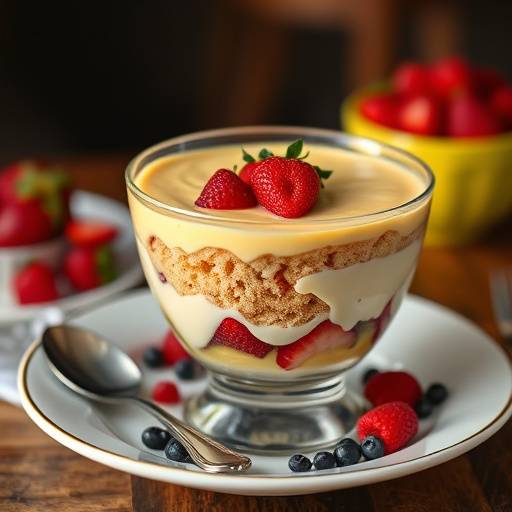 Una porzione di Zuppa Inglese in una coppetta, con strati di pan di Spagna e crema