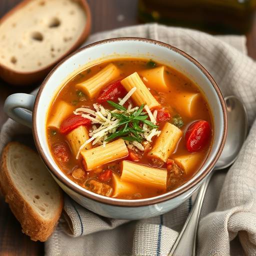 Una zuppa calda di pasta e fagioli, guarnita con un filo d'olio extravergine d'oliva e una spolverata di parmigiano reggiano.